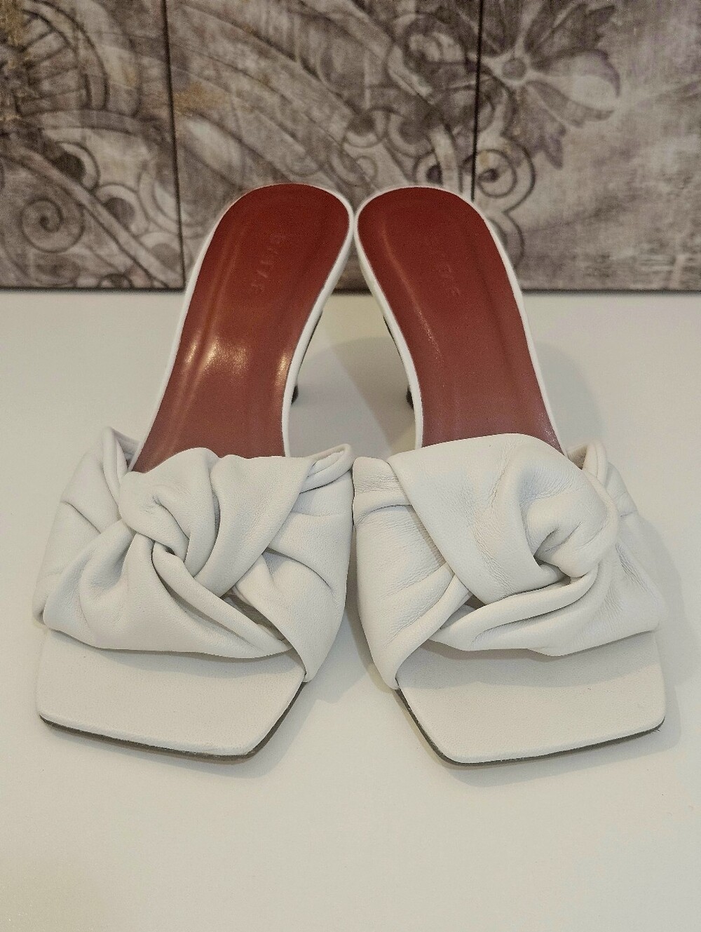 By Far Red & White Leather Knot Mules Size 37 (7 US) Square Toe Heels